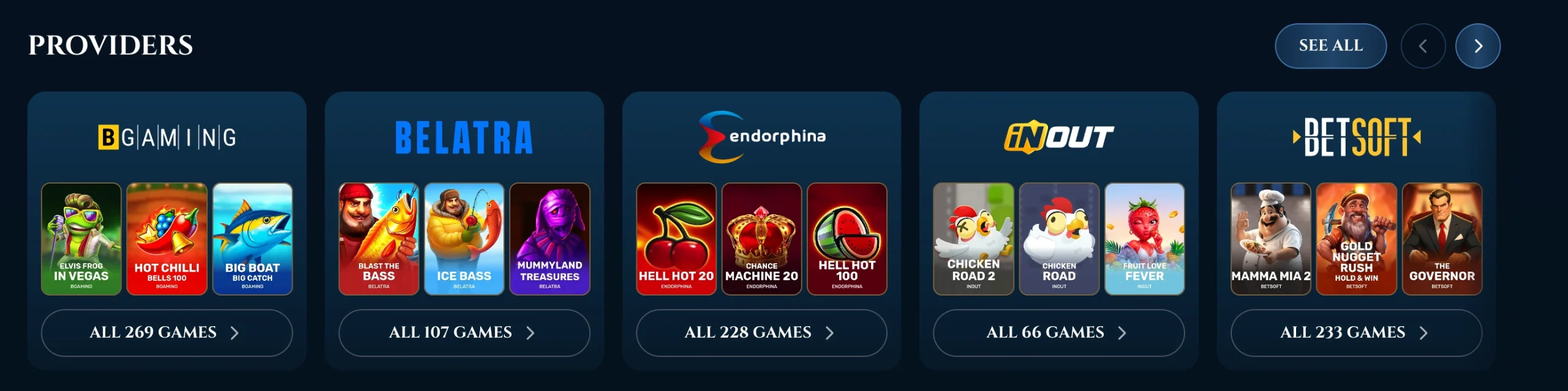 Spellen & content — Slots, live casino en tafels